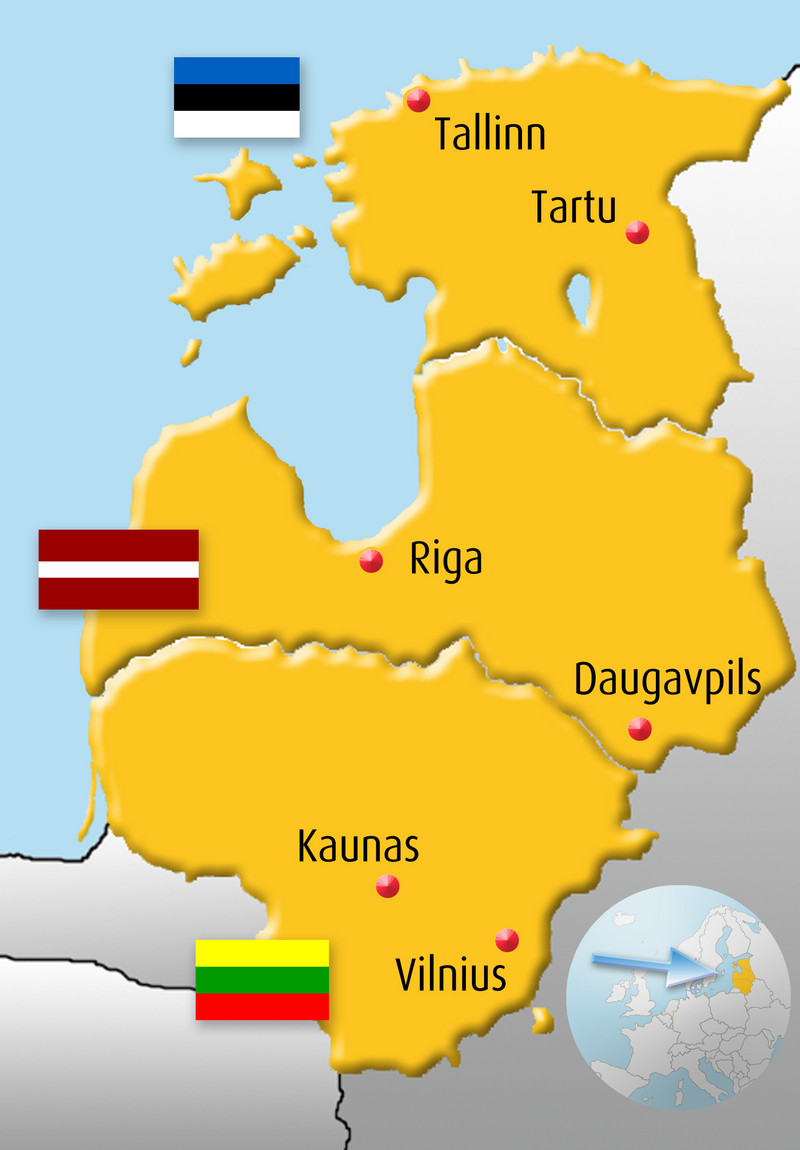 Die Grafik zeigt die Karten von Estland, Lettland und Litauen mit den jeweils zwei größten Städten und den Landesfahnen.
