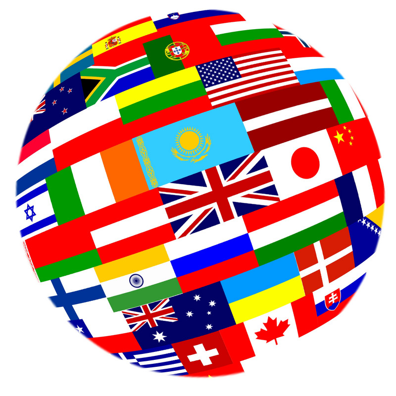 Die Grafik zeigt viele Länderflaggen in Form eines großen Globus.